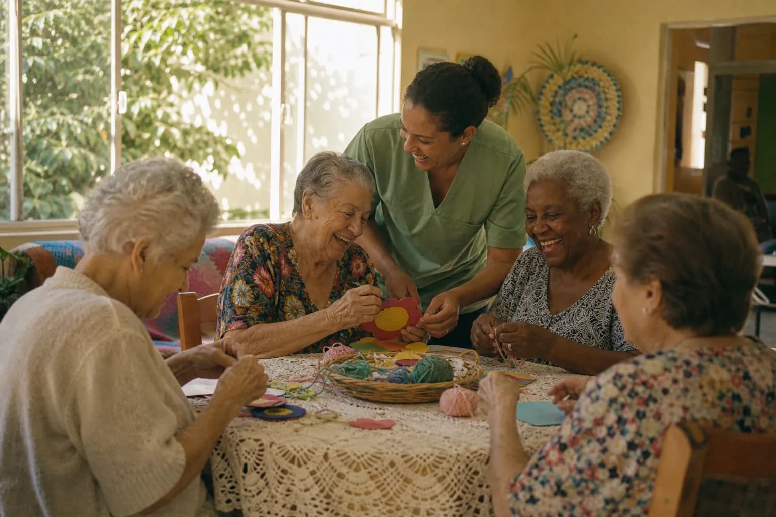 Grupo de residentes fazendo atividade de artesanato ao redor da mesa com apoio de uma cuidadora