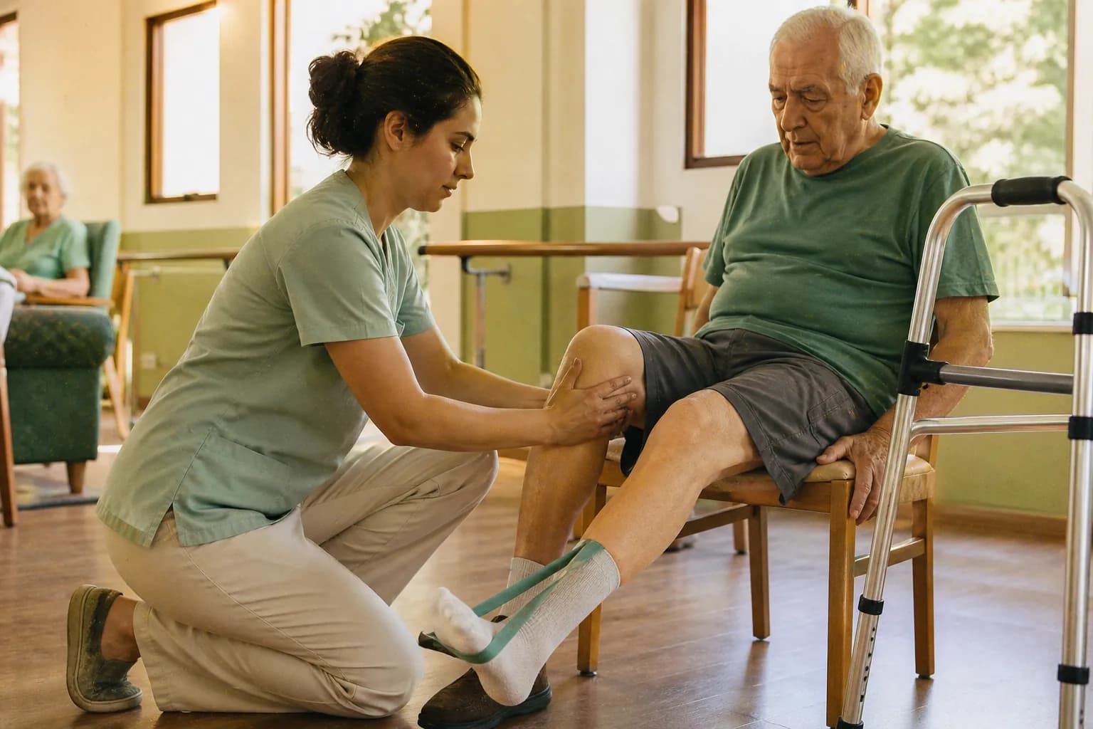 Fisioterapeuta ajoelhada apoiando o joelho de um residente idoso durante exercício com faixa elástica