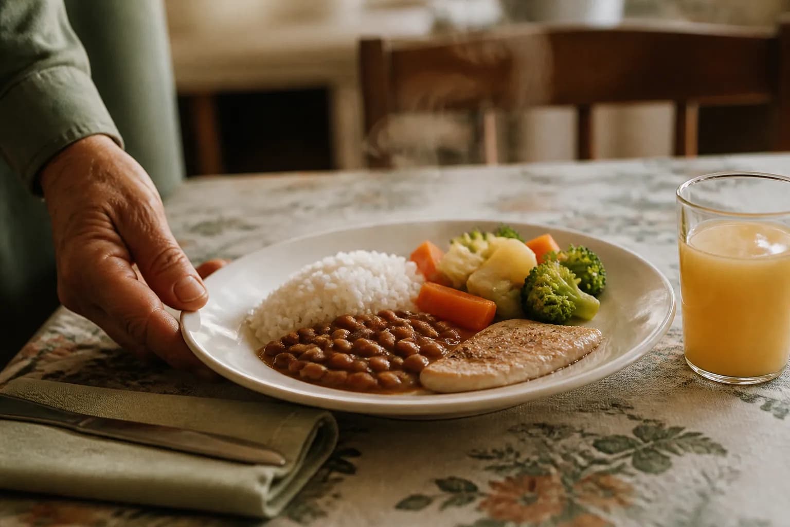 Prato de arroz, feijão, legumes e filé sendo servido na mesa do refeitório
