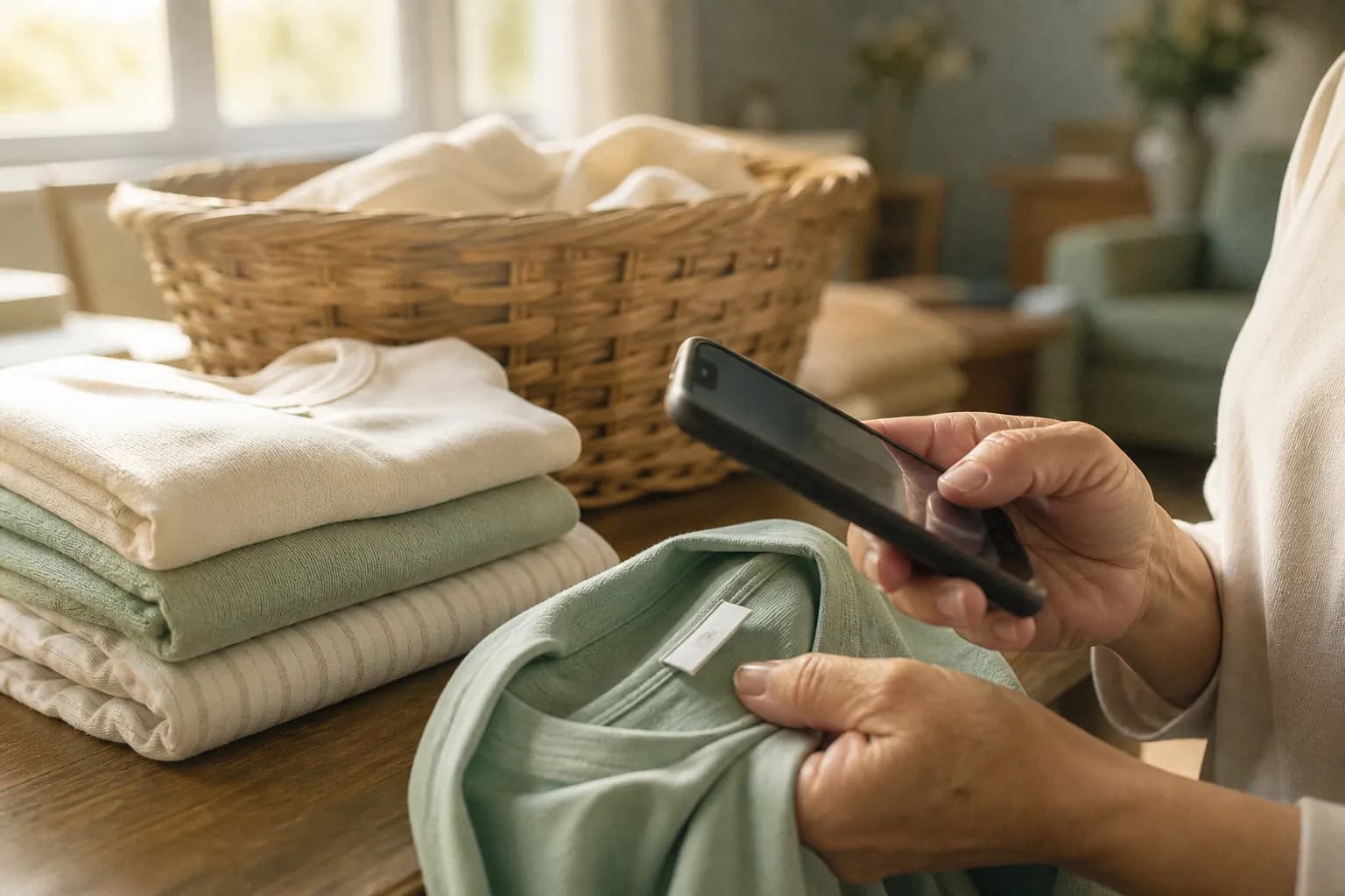 Peças de roupa dobradas na rouparia e um celular aproximado da etiqueta costurada na gola